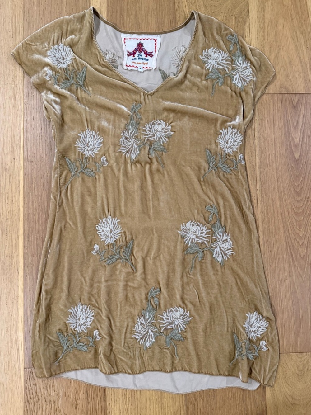 Johnny Was JW Los Angeles boho earthy Embroidered Gold Velvet dress S VGUC